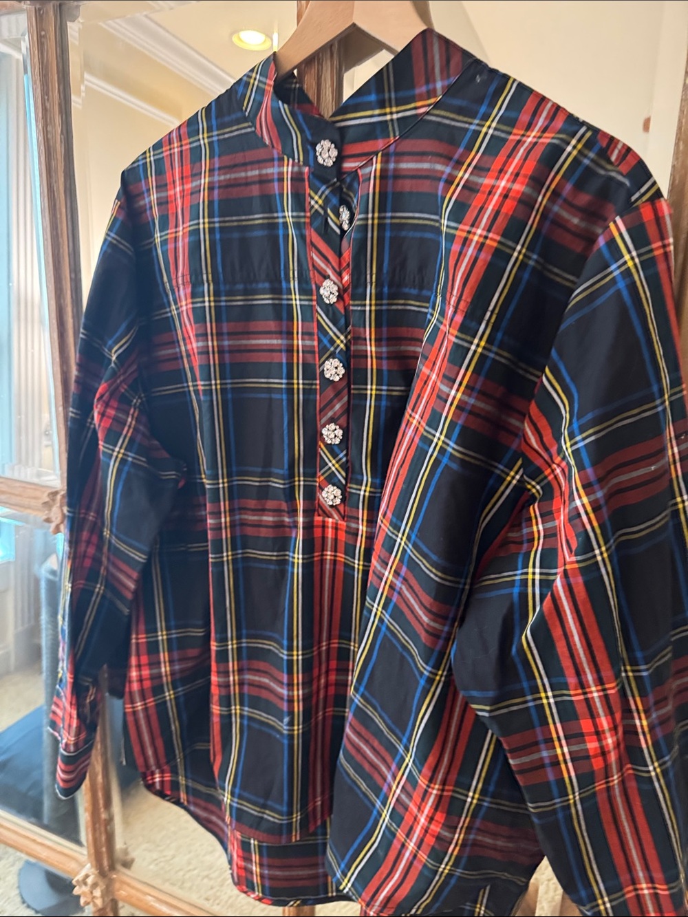 Women’s  JCrew Tartab Plaid Button-Front pop over top with Jewel Buttons
